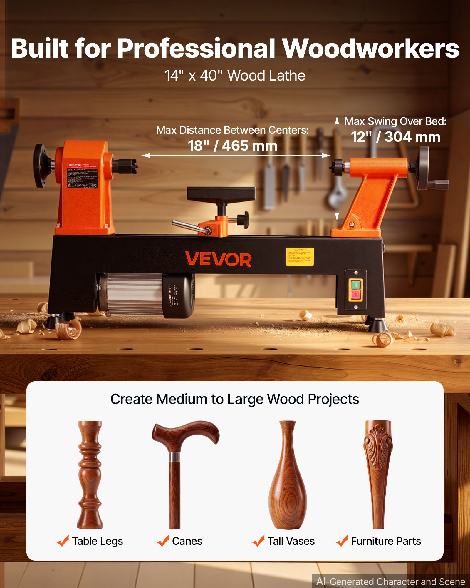 VEVOR Tornio per Legno da Banco 560 W 304 x 465 mm 5 Velocità Regolabili Acciaio #45, Principianti, Fai da Te, Lavorazione Legno e Tornitura, Velocità Regolabile, 650/1100/1600/2200/3200 giri/min
