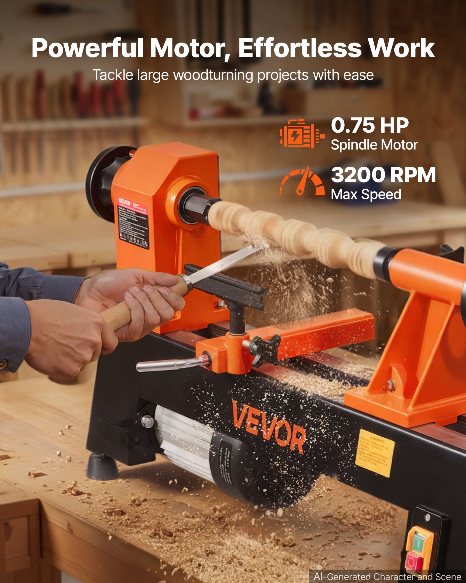 VEVOR Tornio per Legno da Banco 560 W 304 x 465 mm 5 Velocità Regolabili Acciaio #45, Principianti, Fai da Te, Lavorazione Legno e Tornitura, Velocità Regolabile, 650/1100/1600/2200/3200 giri/min