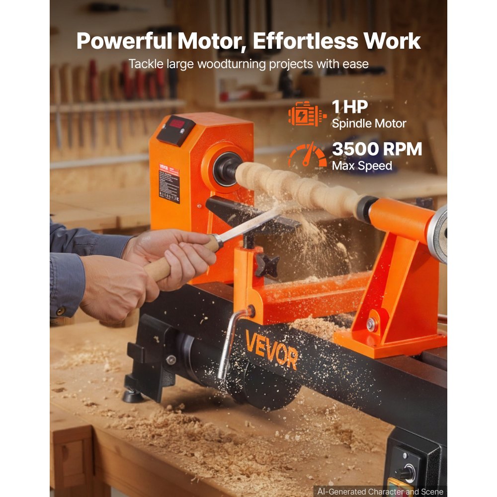 VEVOR Tornio per Legno da Banco Velocità Regolabile da 150 a 3500 giri/min Tornio per Lavorazione Tornitura di Legno, con Display, Diametro max 410 mm, Distanza max 508 mm, Potenza Nominale 750 W
