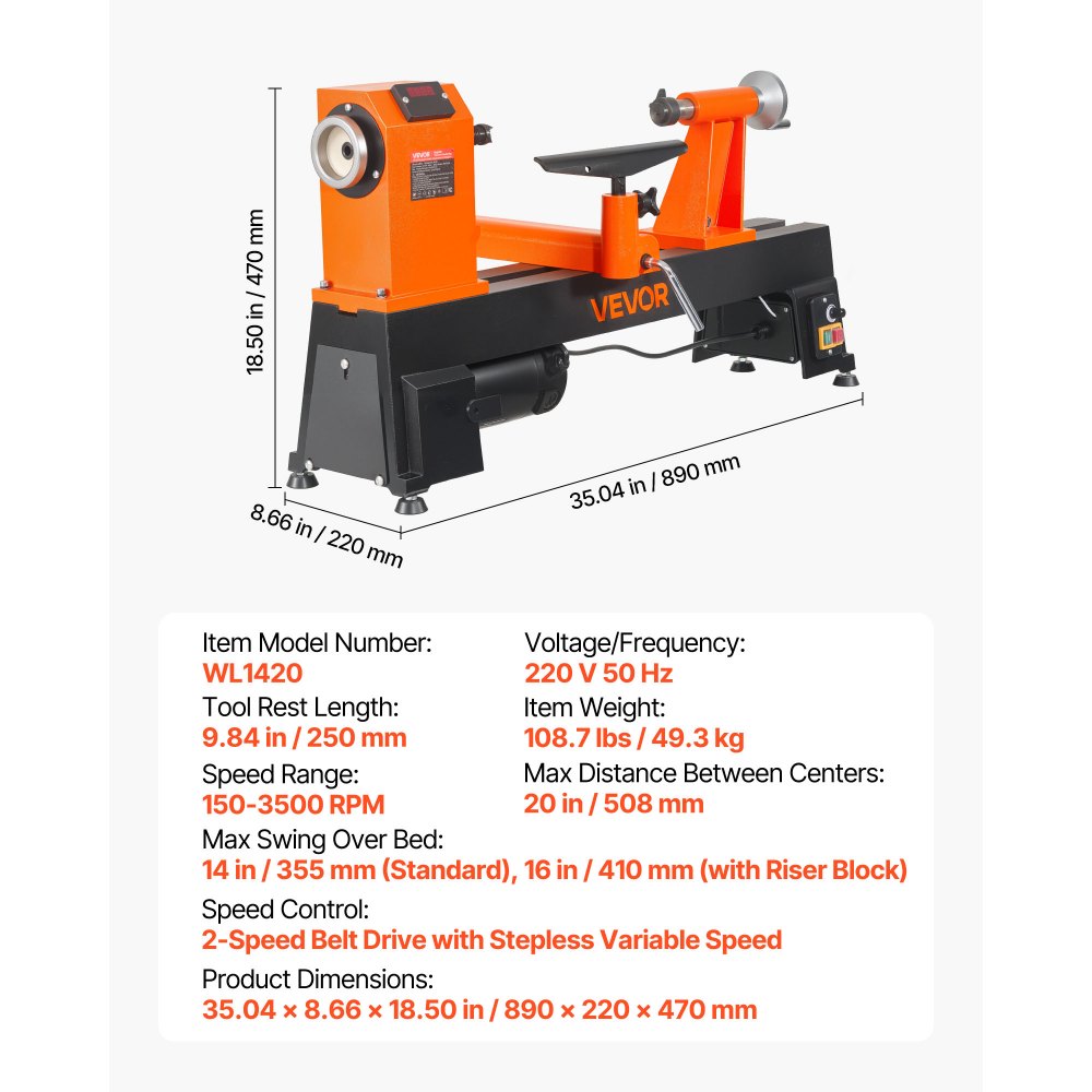 VEVOR Tornio per Legno da Banco Velocità Regolabile da 150 a 3500 giri/min Tornio per Lavorazione Tornitura di Legno, con Display, Diametro max 410 mm, Distanza max 508 mm, Potenza Nominale 750 W