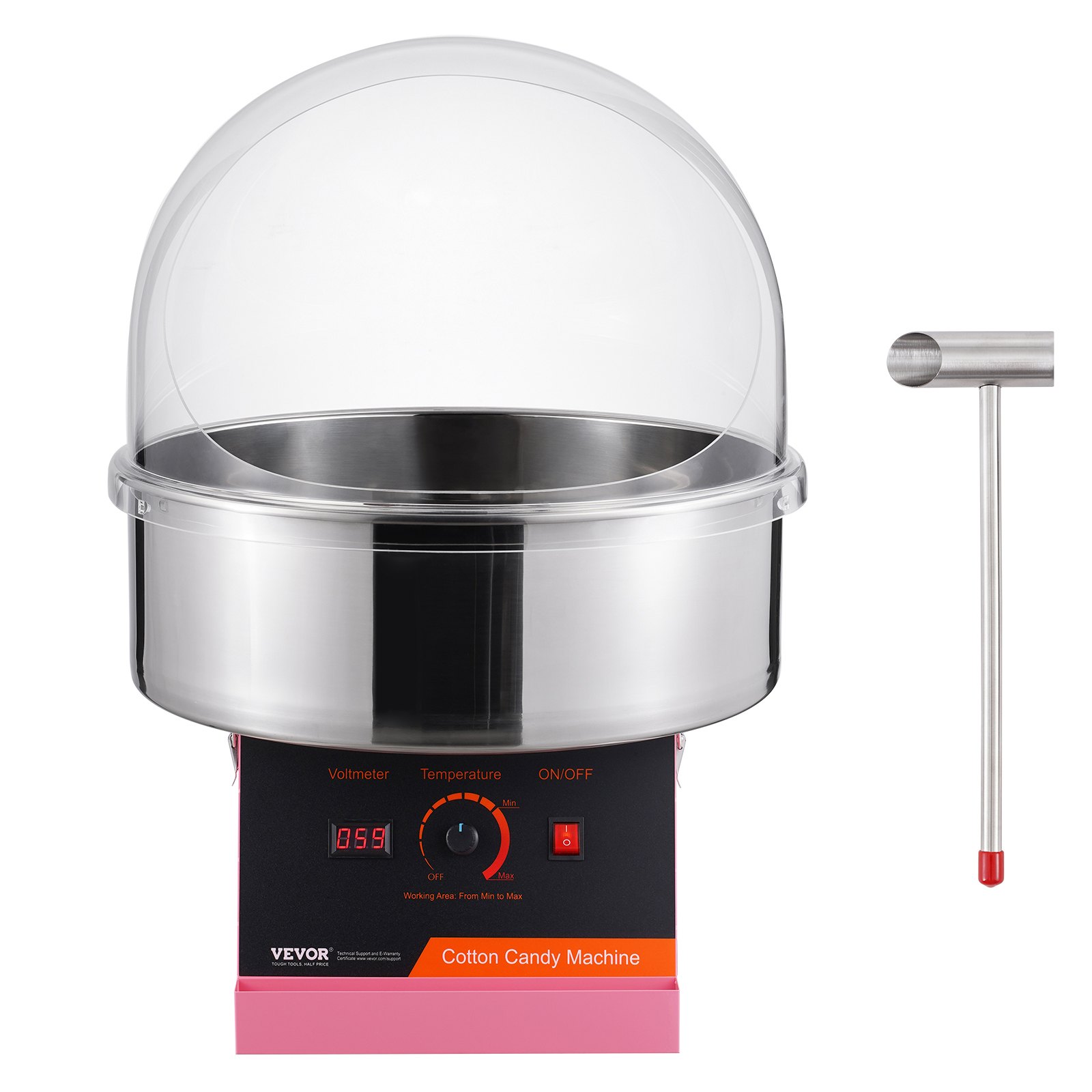 VEVOR Macchina per Zucchero Filato Elettrica da 1000 W, Macchina per Zucchero Filato Commerciale con Coperchio, Ciotola in Acciaio Inox, per Feste, Eventi, Carnevale, Macchina Zucchero Filato