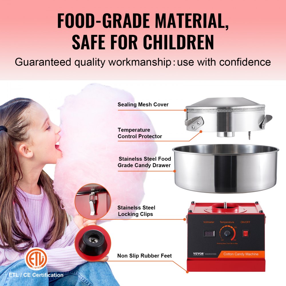 VEVOR Electric Cotton Candy Machine, 1000W Cotton Candy Maker, Commercial Cotton Candy Machine with Stainless Steel Bowl & Sugar Spoon, Perfect for Children's Birthday Parties at Home, Family Celebrations (Red)