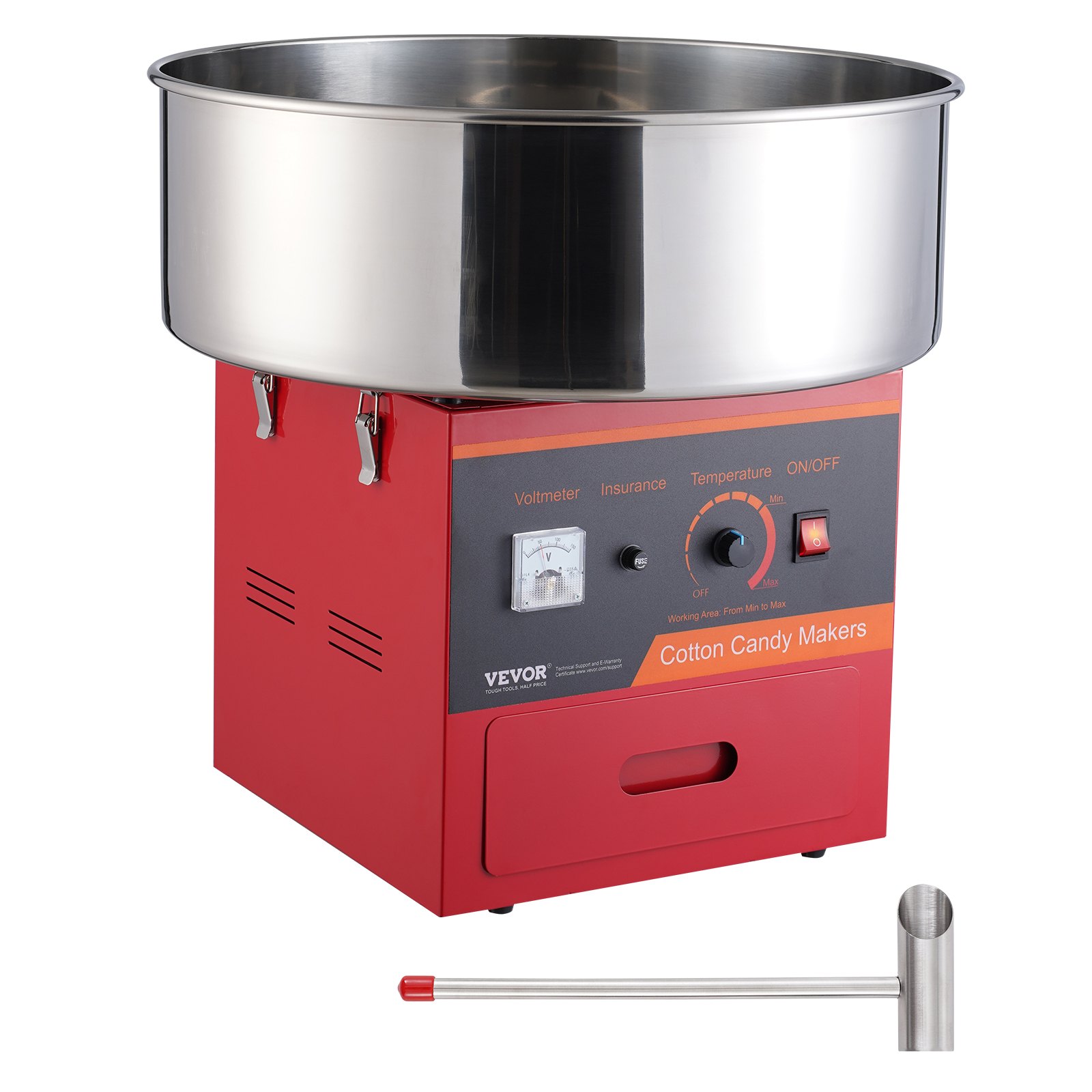VEVOR Macchina Zucchero Filato Elettrica 1000 W Macchina Zucchero Filato Commerciale 518 x 518 x 485 mm Ciotola in Acciaio Inossidabile, Paletta per Zucchero, Cassetto, per Feste in Famiglia, Rossa