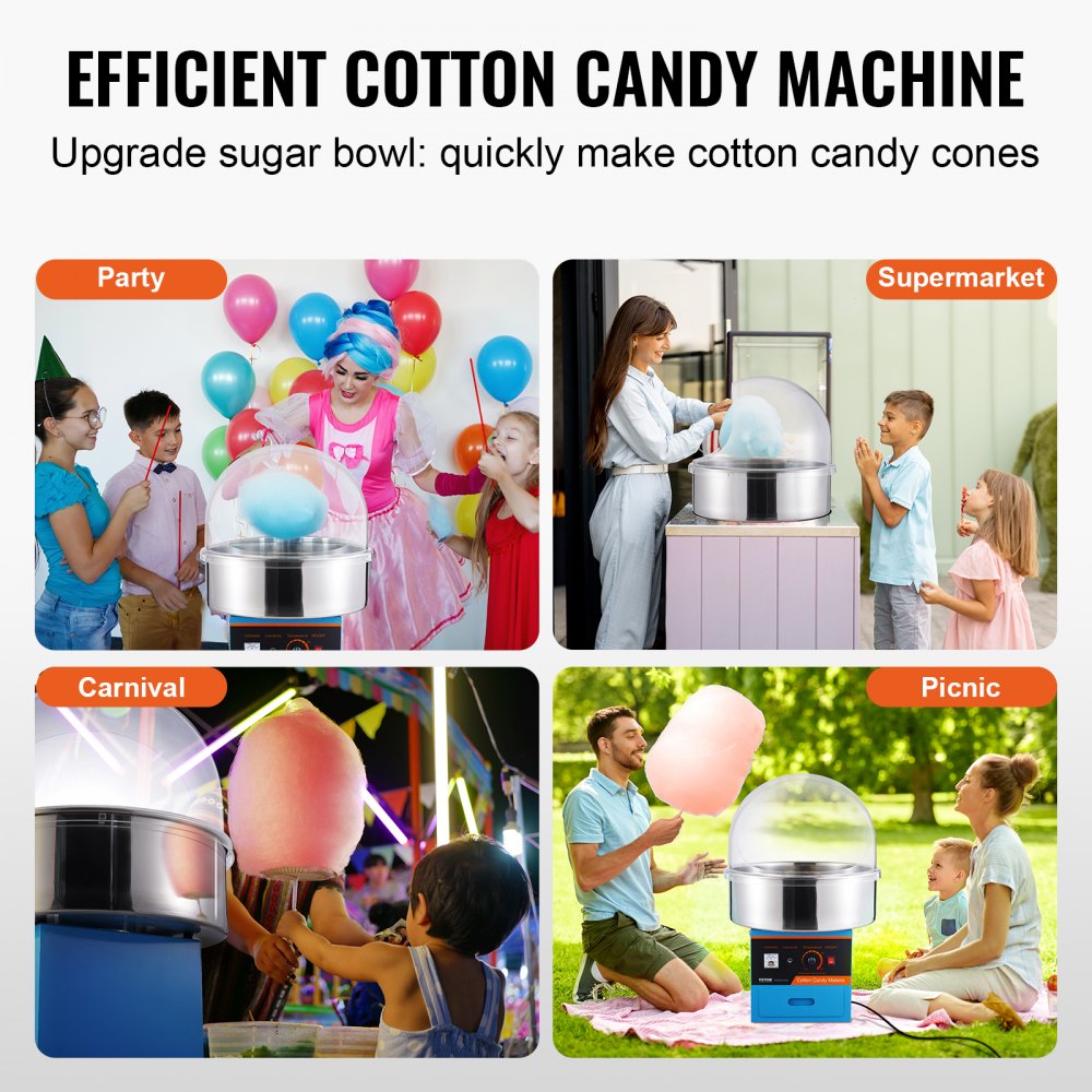 VEVOR Electric Cotton Candy Machine, 1 kW Cotton Candy Equipment, Commercial Cotton Candy Machine with Cover, Stainless Steel Bowl, Sugar Scoop, Drawer, for Children's Birthdays, Family Celebrations, Blue