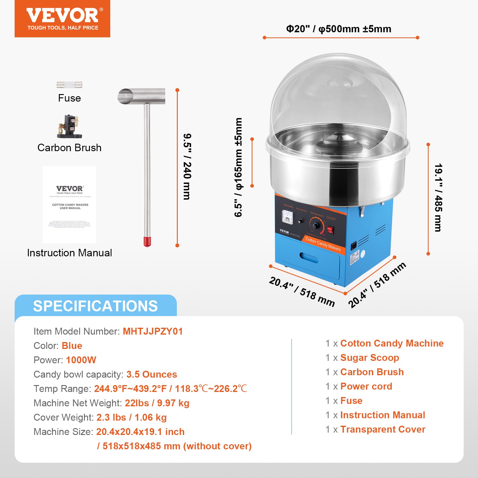 VEVOR Electric Cotton Candy Machine, 1 kW Cotton Candy Equipment, Commercial Cotton Candy Machine with Cover, Stainless Steel Bowl, Sugar Scoop, Drawer, for Children's Birthdays, Family Celebrations, Blue