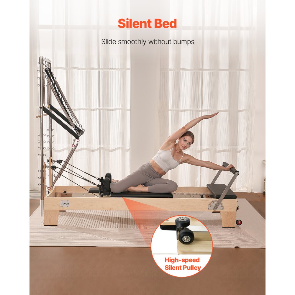 VEVOR Macchina per Riformatore per Pilates, Attrezzatura in Legno per Allenamento Forza con Doppia Resistenza, Scatola, Tavola Salto, per Avanzati e Principianti, Fino 153 kg, 2400x735x1990 mm