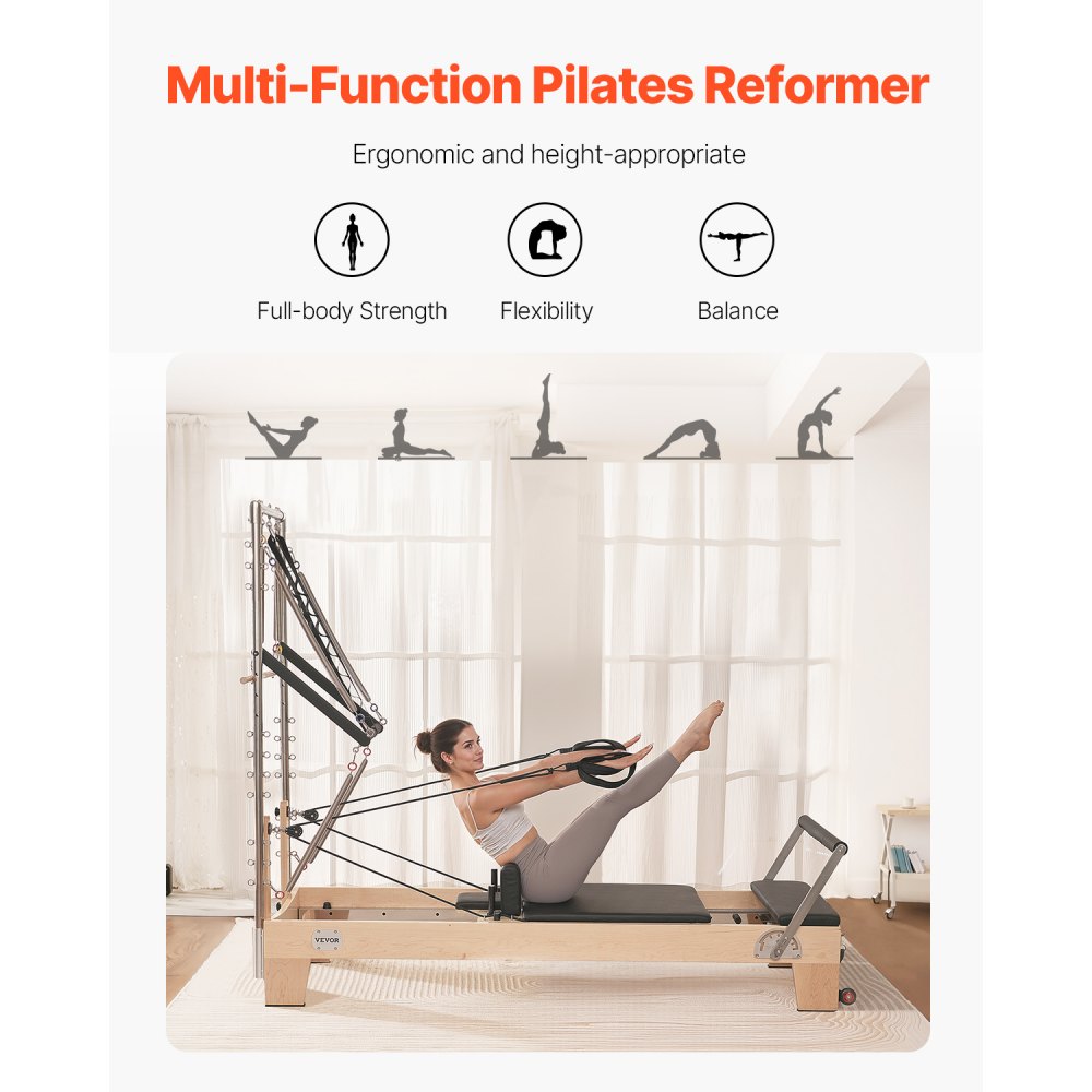VEVOR Macchina per Riformatore per Pilates, Attrezzatura in Legno per Allenamento Forza con Doppia Resistenza, Scatola, Tavola Salto, per Avanzati e Principianti, Fino 153 kg, 2400x735x1990 mm