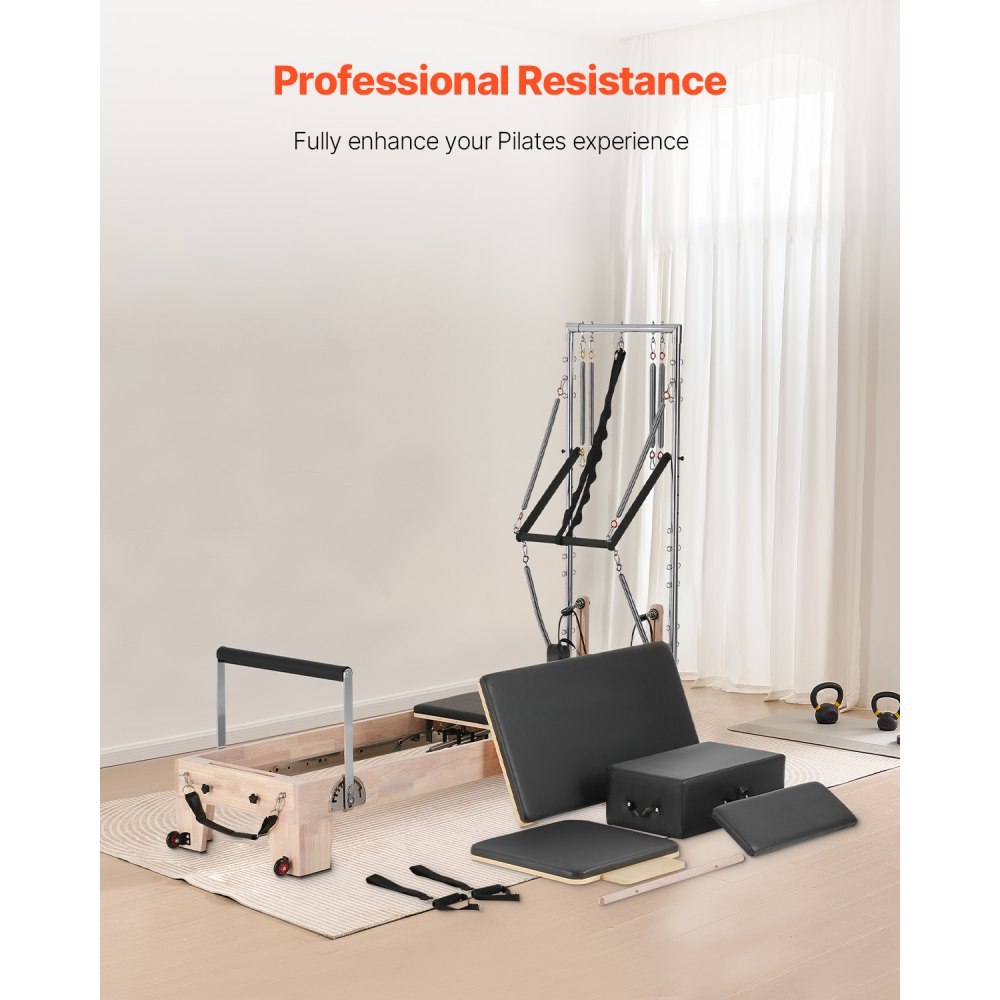 VEVOR Macchina per Riformatore per Pilates, Attrezzatura in Legno per Allenamento Forza con Doppia Resistenza, Scatola, Tavola Salto, per Avanzati e Principianti, Fino 153 kg, 2430x730x1990 mm
