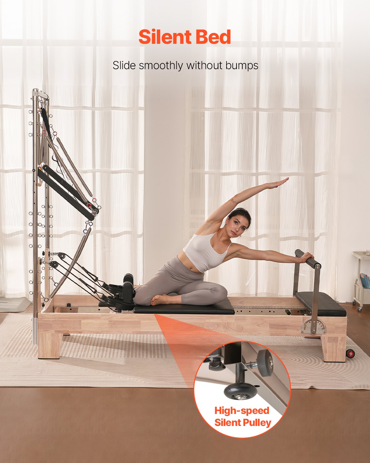 VEVOR Macchina per Riformatore per Pilates, Attrezzatura in Legno per Allenamento Forza con Doppia Resistenza, Scatola, Tavola Salto, per Avanzati e Principianti, Fino 153 kg, 2430x730x1990 mm