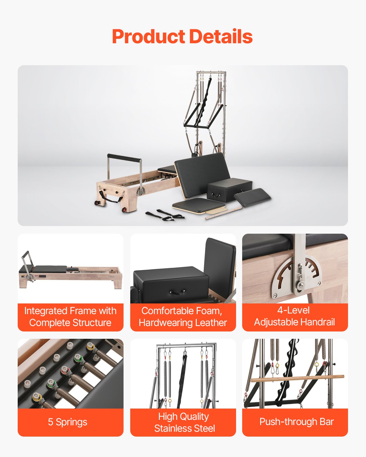 VEVOR Macchina per Riformatore per Pilates, Attrezzatura in Legno per Allenamento Forza con Doppia Resistenza, Scatola, Tavola Salto, per Avanzati e Principianti, Fino 153 kg, 2430x730x1990 mm