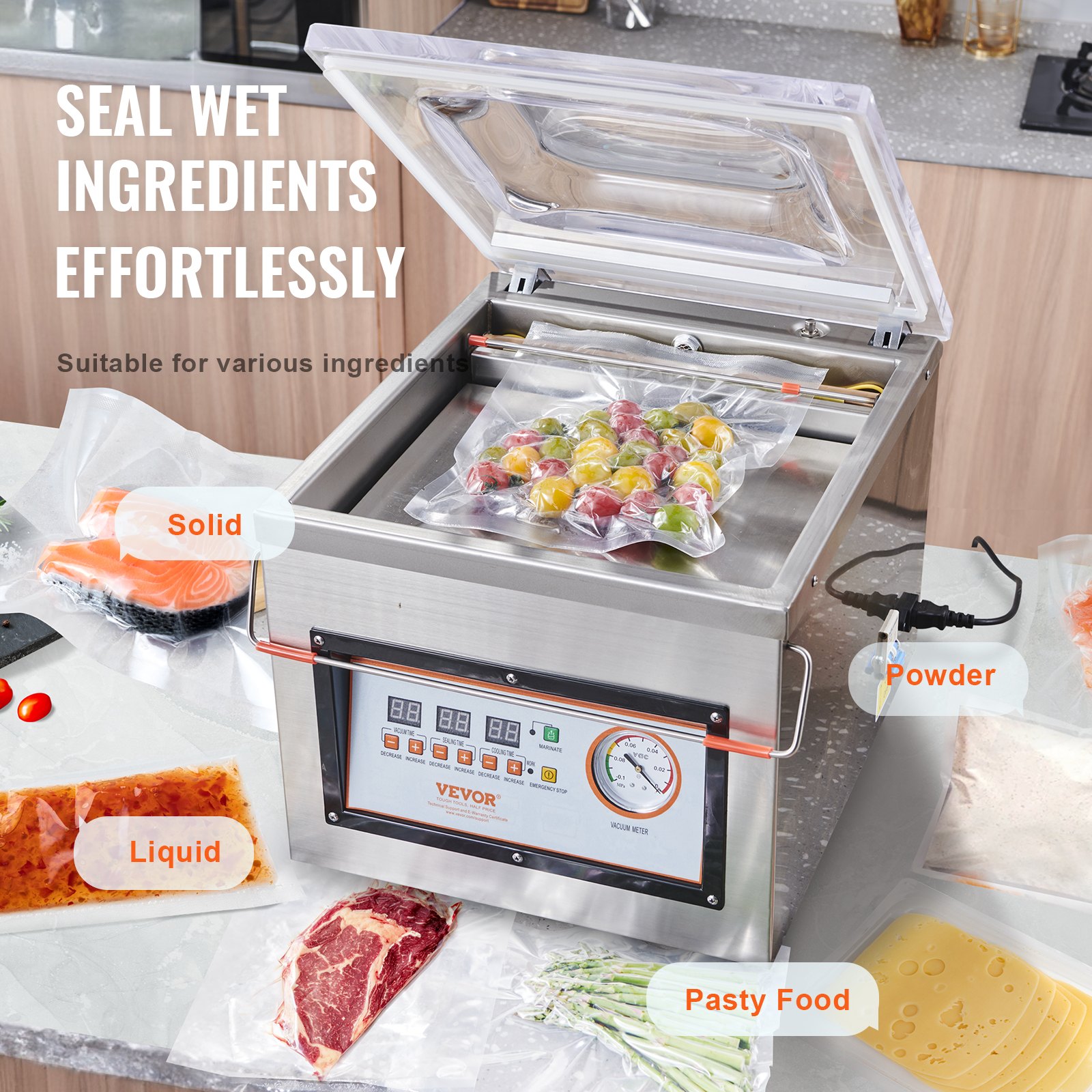 VEVOR Macchina sottovuoto a camera 320W confezionatrice sottovuoto dimensioni compatte 320mm in cucina domestica e per uso commerciale per alimenti umidi, carni, marinate