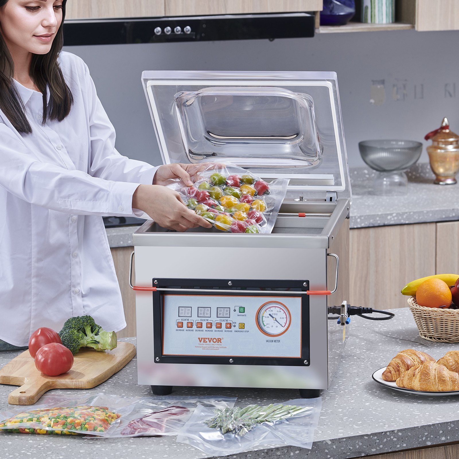 VEVOR Macchina sottovuoto a camera 320W confezionatrice sottovuoto dimensioni compatte 320mm in cucina domestica e per uso commerciale per alimenti umidi, carni, marinate
