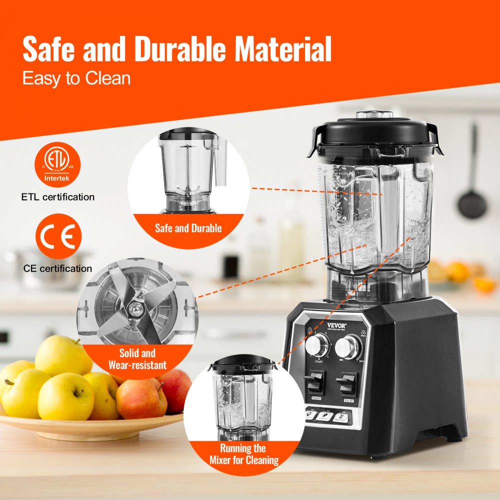 VEVOR Frullatore per Bevande Fredde da Banco Frullatore Barattolo in Plastica Capienza ca. 2L, Mixer in Acciaio Inossidabile con 3 Funzioni per Bevande Ghiacciate, Smoothie, Nero