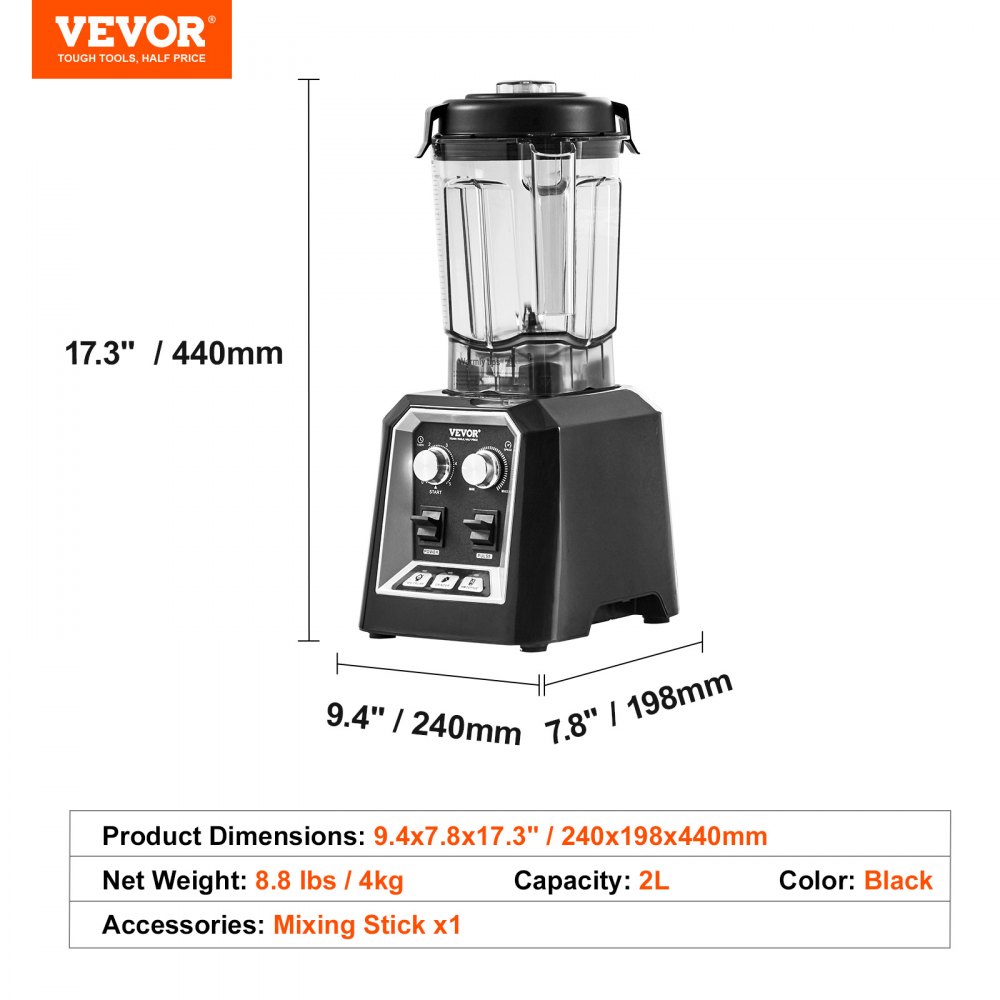 VEVOR Frullatore per Bevande Fredde da Banco Frullatore Barattolo in Plastica Capienza ca. 2L, Mixer in Acciaio Inossidabile con 3 Funzioni per Bevande Ghiacciate, Smoothie, Nero