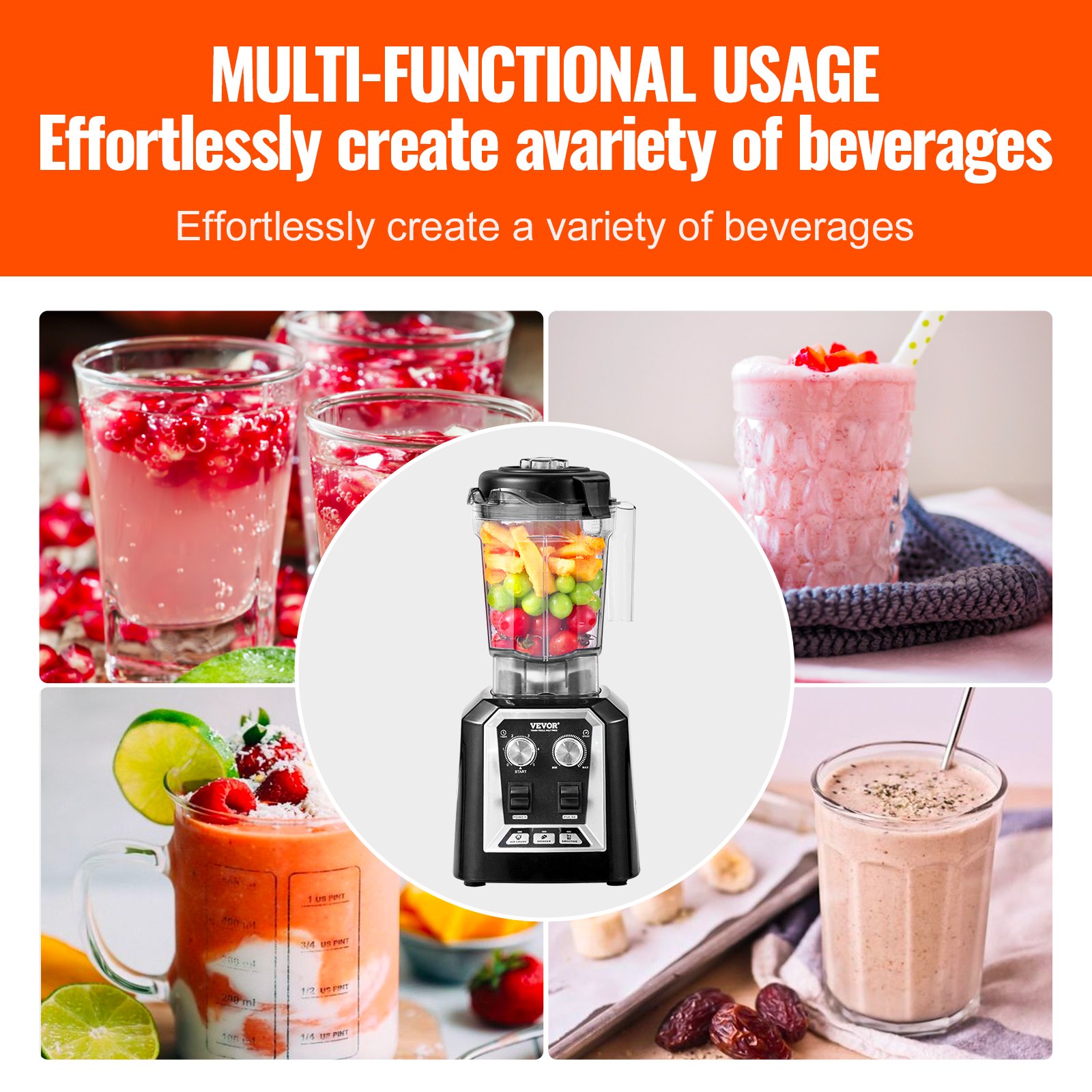 VEVOR Frullatore per Bevande Fredde da Banco Frullatore Barattolo in Plastica Capienza ca. 2L, Mixer in Acciaio Inossidabile con 3 Funzioni per Bevande Ghiacciate, Smoothie, Nero