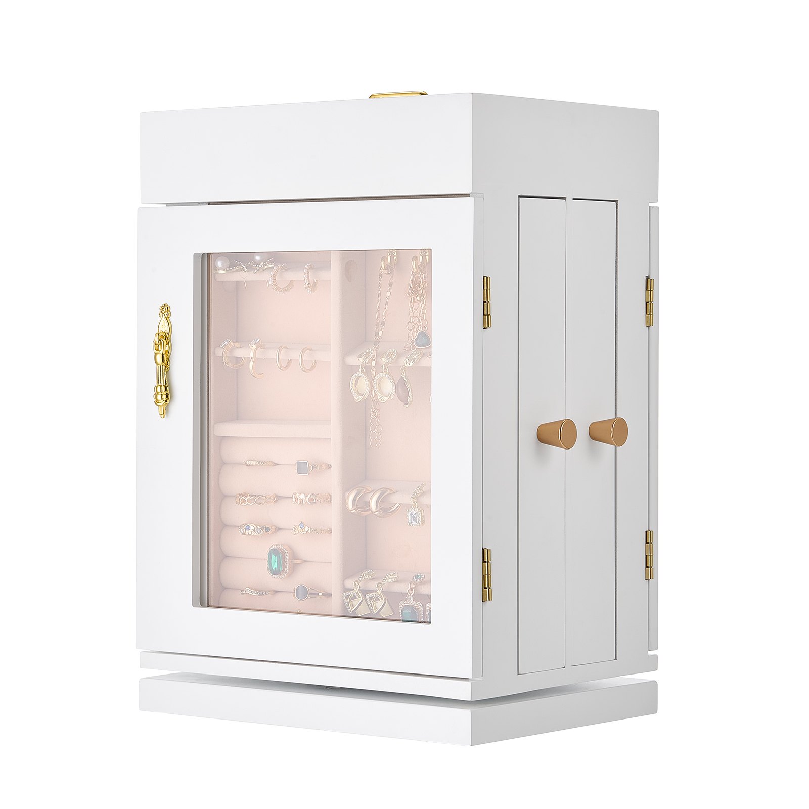 VEVOR Portagioie, Organizzatore per Gioielli Rotante a 360° con Porta Magnetica, Finestra, 4 Ganci per Collane Incorporati, Maniglie in Metallo, Imbottitura Fondo, Fodera in Flanella, Bianco