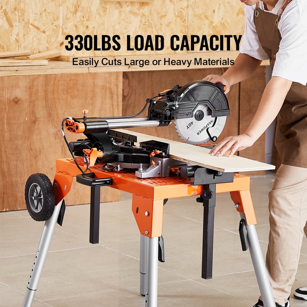 VEVOR Miter Saw Stand with Table Top & Wheels, 150 kg Load Capacity, Foldable Steel Rolling Stand for Miter Saws, Adjustable Height & Length, Portable Miter Saw Stand