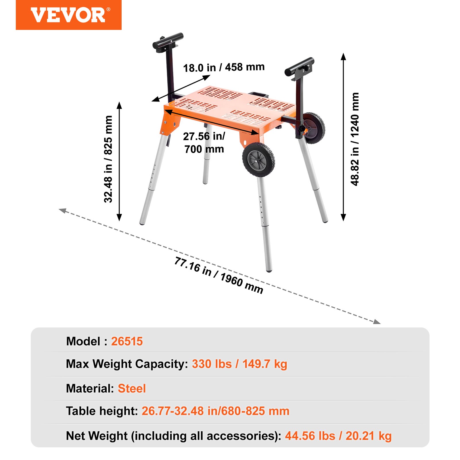 VEVOR Supporto per Troncatrice con Piano Tavolo e Ruote, Capacità di Carico 150 kg, Supporto Pieghevole in Acciaio per Troncatrici, Altezza e Lunghezza Regolabili, Supporto per Troncatrice Portatile