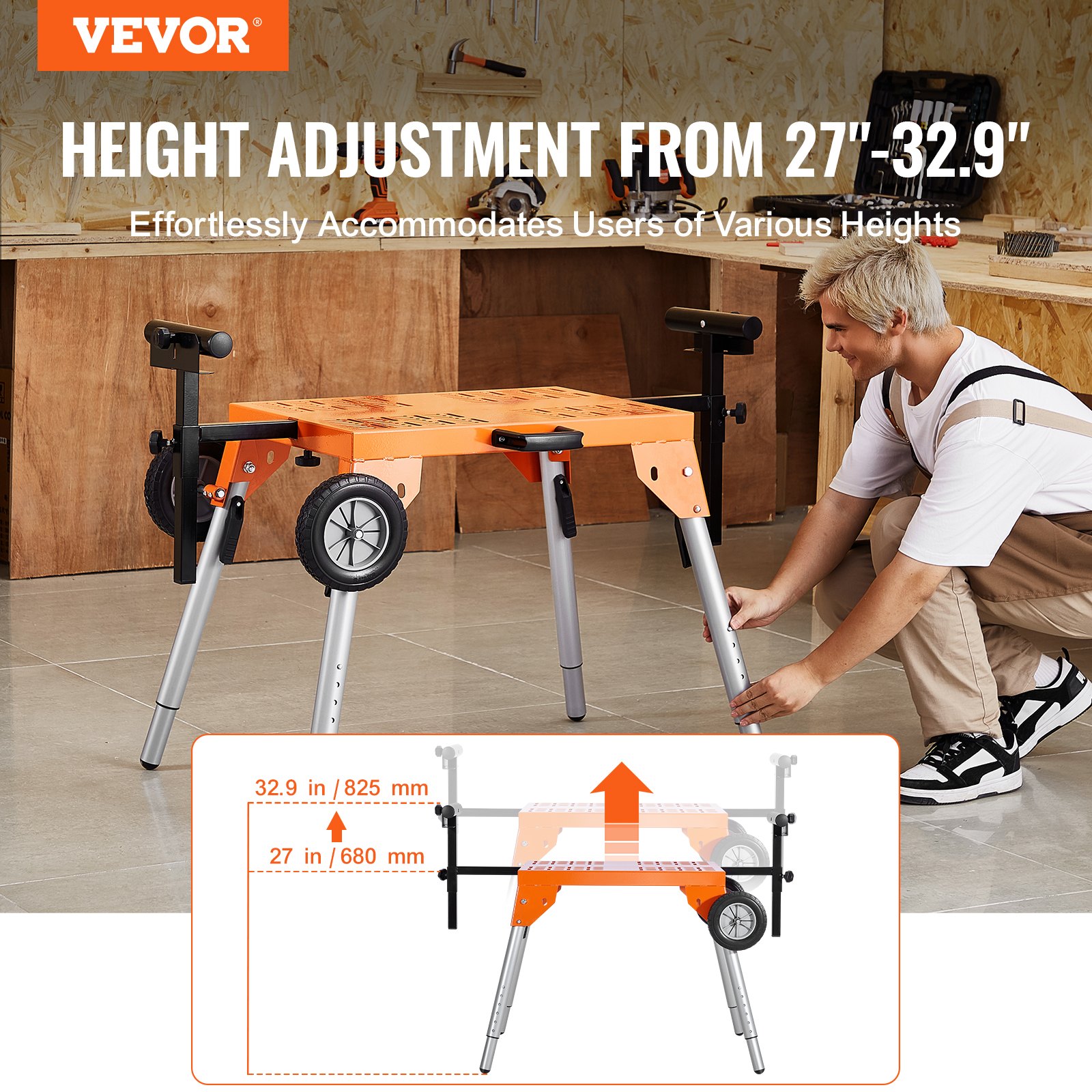 VEVOR Miter Saw Stand with Table Top & Wheels, 150 kg Load Capacity, Foldable Steel Rolling Stand for Miter Saws, Adjustable Height & Length, Portable Miter Saw Stand