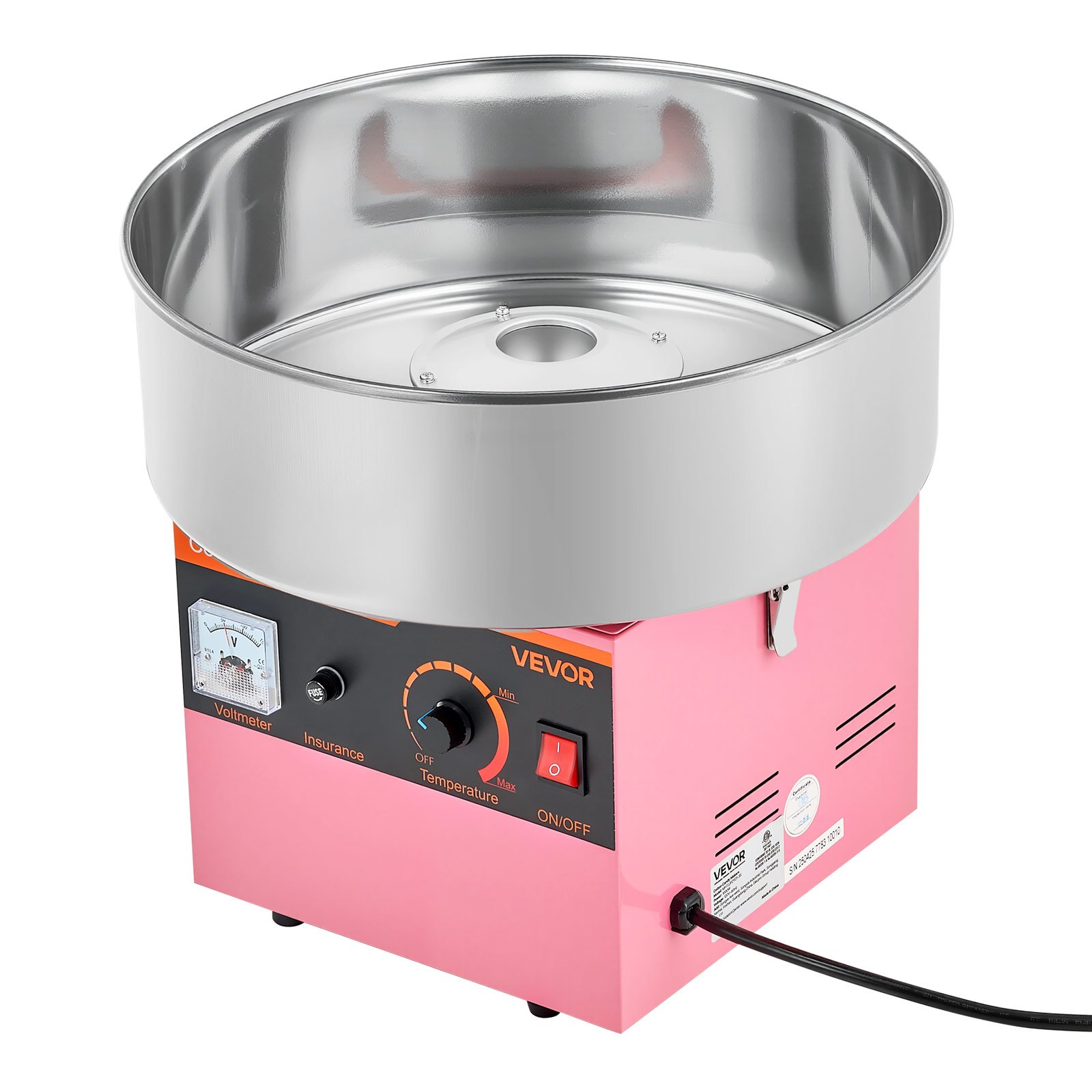 VEVOR Macchina Zucchero Filato Commerciale, Elettrodomestici per Zucchero Filato da Cucina 1000 W con Ciotola in Acciaio Inox da 38 cm Misurino per Zucchero, Feste Eventi Carnevale, Rosa