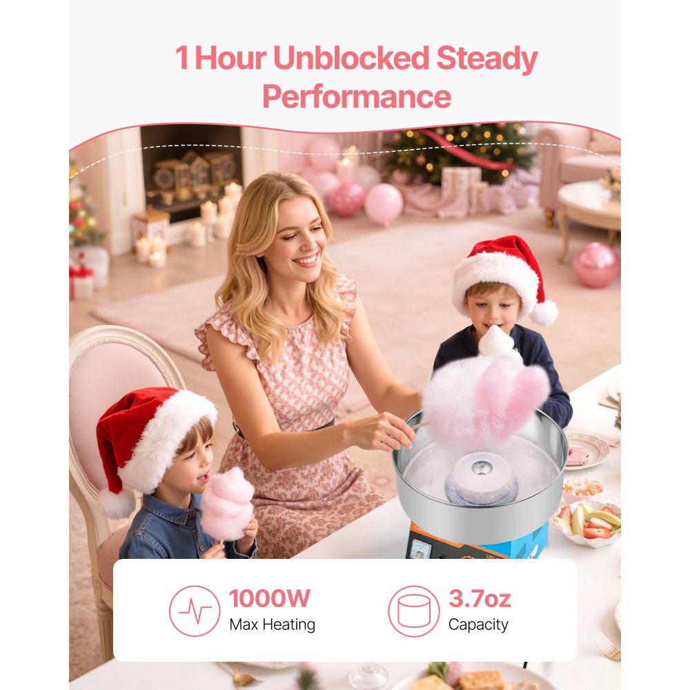 VEVOR Cotton Candy Machine Commercial, 1000W Electric Candy Floss Maker, Easy Use with 38cm Stainless Steel Bowl and Sugar Scoop, Makes Hard Candy for Home Kids Birthday, Family Party, Blue