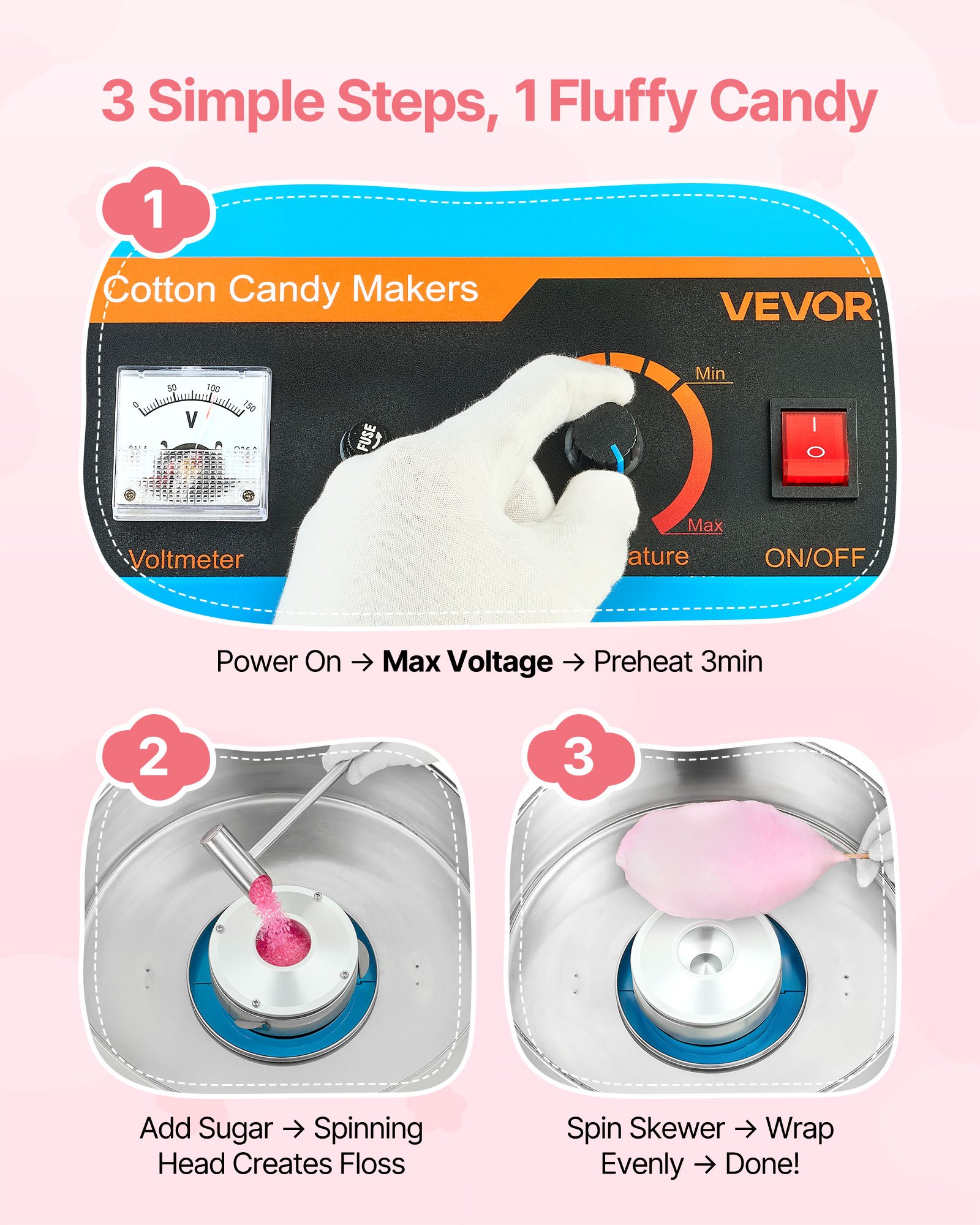 VEVOR Cotton Candy Machine Commercial, 1000W Electric Candy Floss Maker, Easy Use with 38cm Stainless Steel Bowl and Sugar Scoop, Makes Hard Candy for Home Kids Birthday, Family Party, Blue