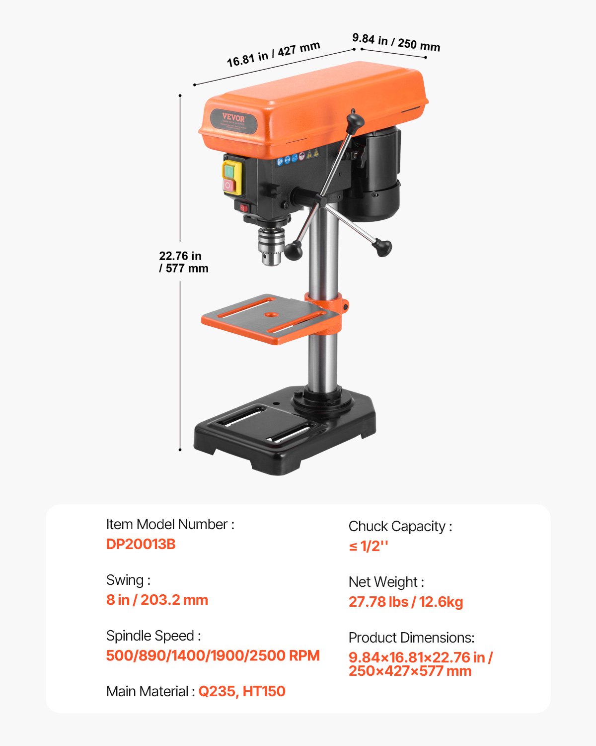 VEVOR Trapano a Colonna da Banco Motore a Induzione da 500 W Velocità Regolabile 500 / 890 / 1400 / 1900 / 2500 giri / min, Piano di Lavoro Inclinabile da 0 a 45°, 203,2 mm per Legno e Metallo