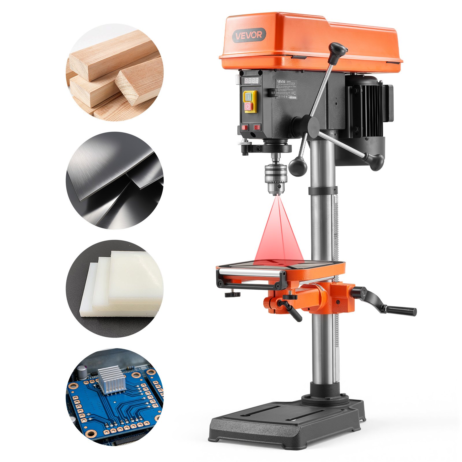 VEVOR Trapano a Colonna da Banco 305 mm, Potenza Nominale 550 W, Piano di Lavoro Inclinabile, con Laser e Luce di Lavoro a LED, Velocità Variabile, Trapano a Colonna per Lavorazione del Legno