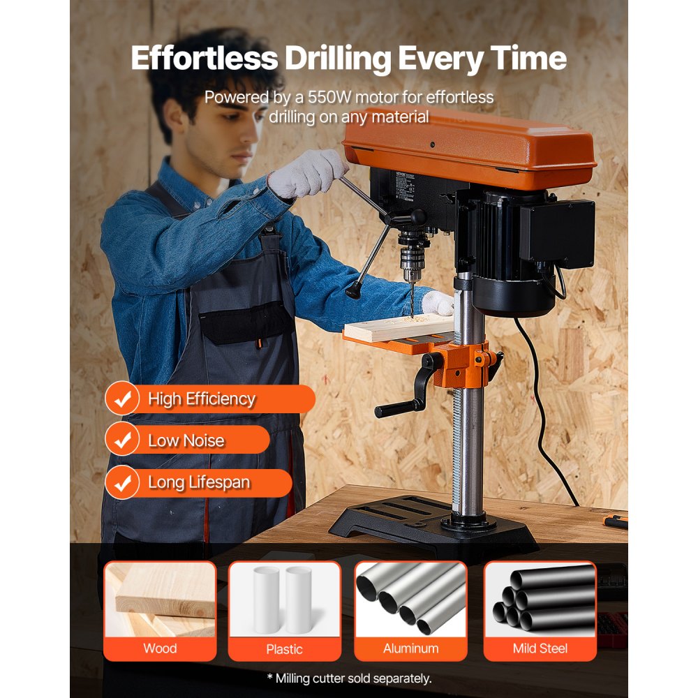VEVOR 254 mm bench drill, 6.2 A induction motor, bench drill with adjustable speeds of 510 / 780 / 1300 / 1820 / 2430 rpm, 0-45° tilting work table, LED work light, for wood and metal