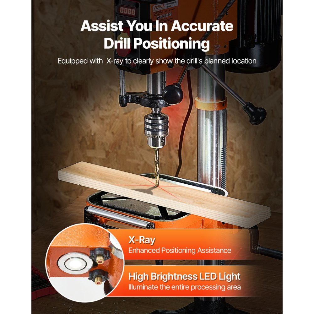 VEVOR 304.8 mm bench drill, 750 W, 440-2580 rpm variable speed bench drill, with 0-45° tilting worktable, LED work light, X-ray positioning, bench drill for wood and metal