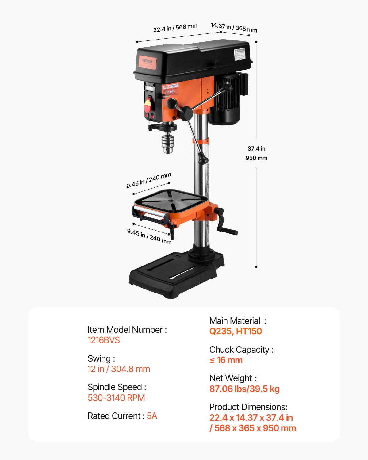 VEVOR 304.8 mm bench drill, 750 W, 440-2580 rpm variable speed bench drill, with 0-45° tilting worktable, LED work light, X-ray positioning, bench drill for wood and metal