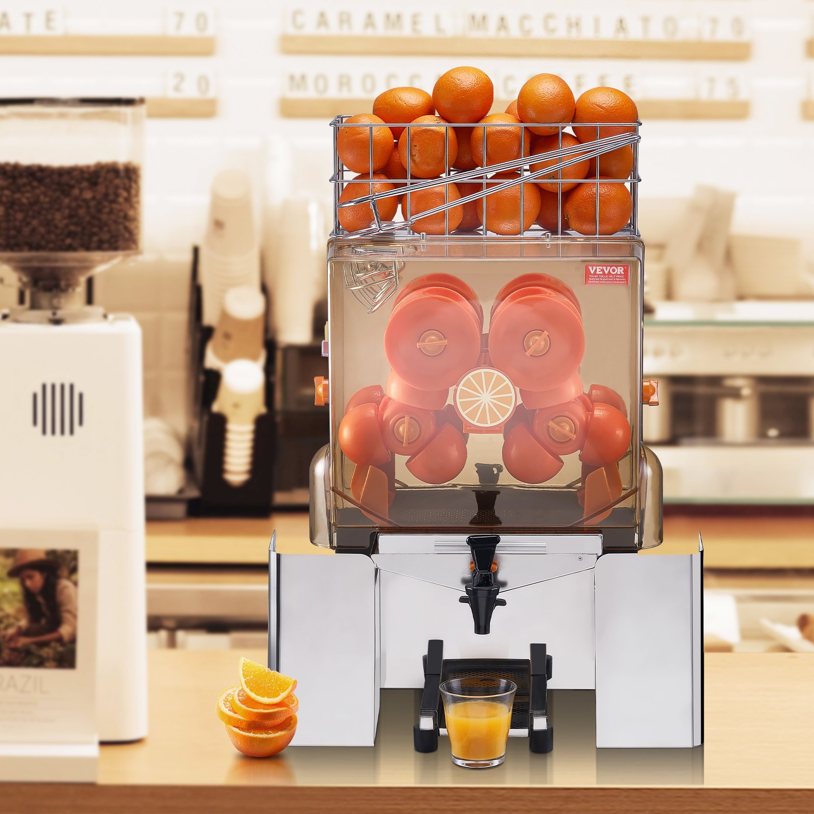 VEVOR Spremiagrumi Elettrico Commerciale 120 W, Estrattore di Succo Alimentazione Automatica con Filtro Estraibile e Secchio Rubinetto Incluso per Pompelmo Arancia da Ristorante Caffetteria Bar Feste