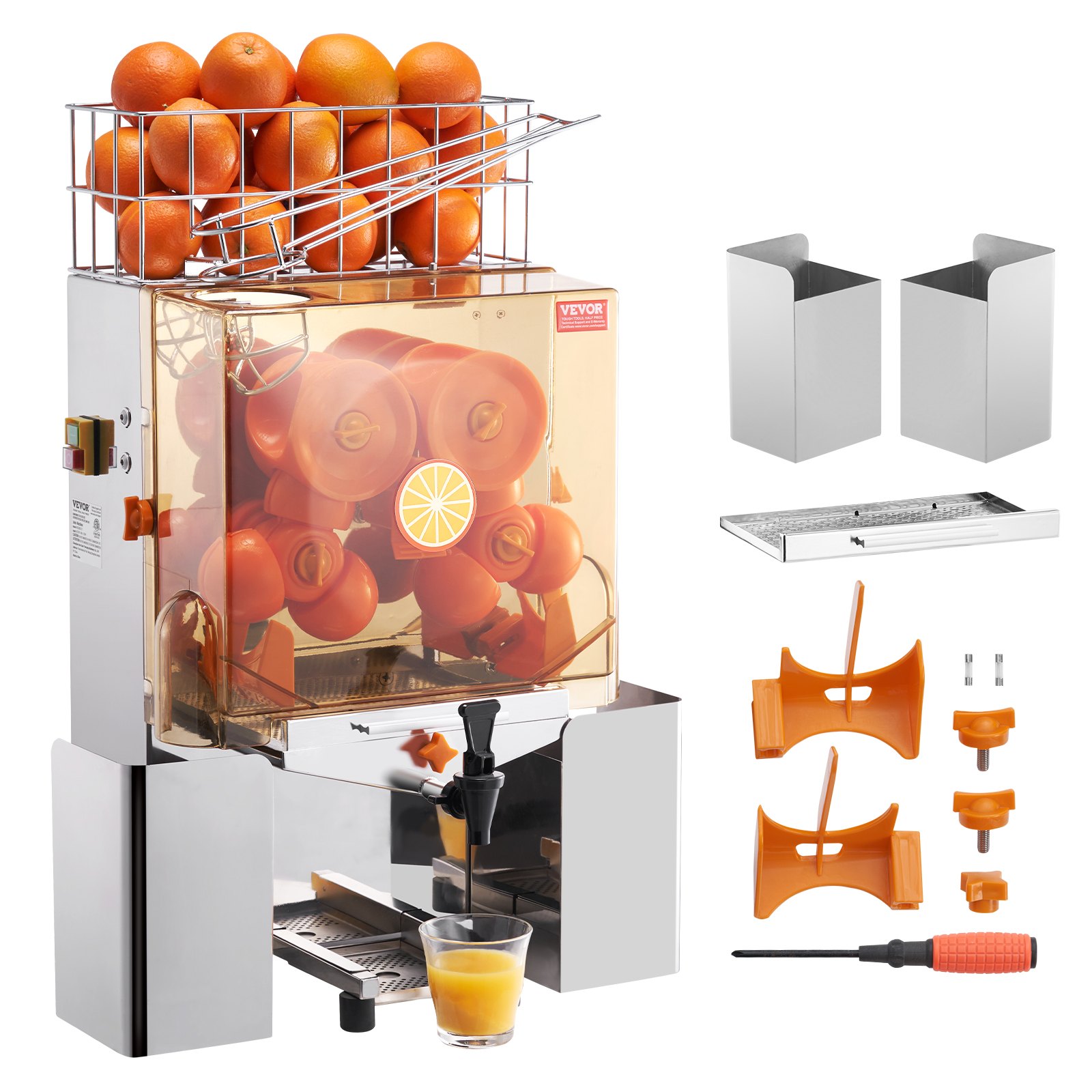 VEVOR Spremiagrumi Elettrico Commerciale 120 W, Estrattore di Succo Alimentazione Automatica con Filtro Estraibile e Secchio Rubinetto Incluso per Pompelmo Arancia da Ristorante Caffetteria Bar Feste