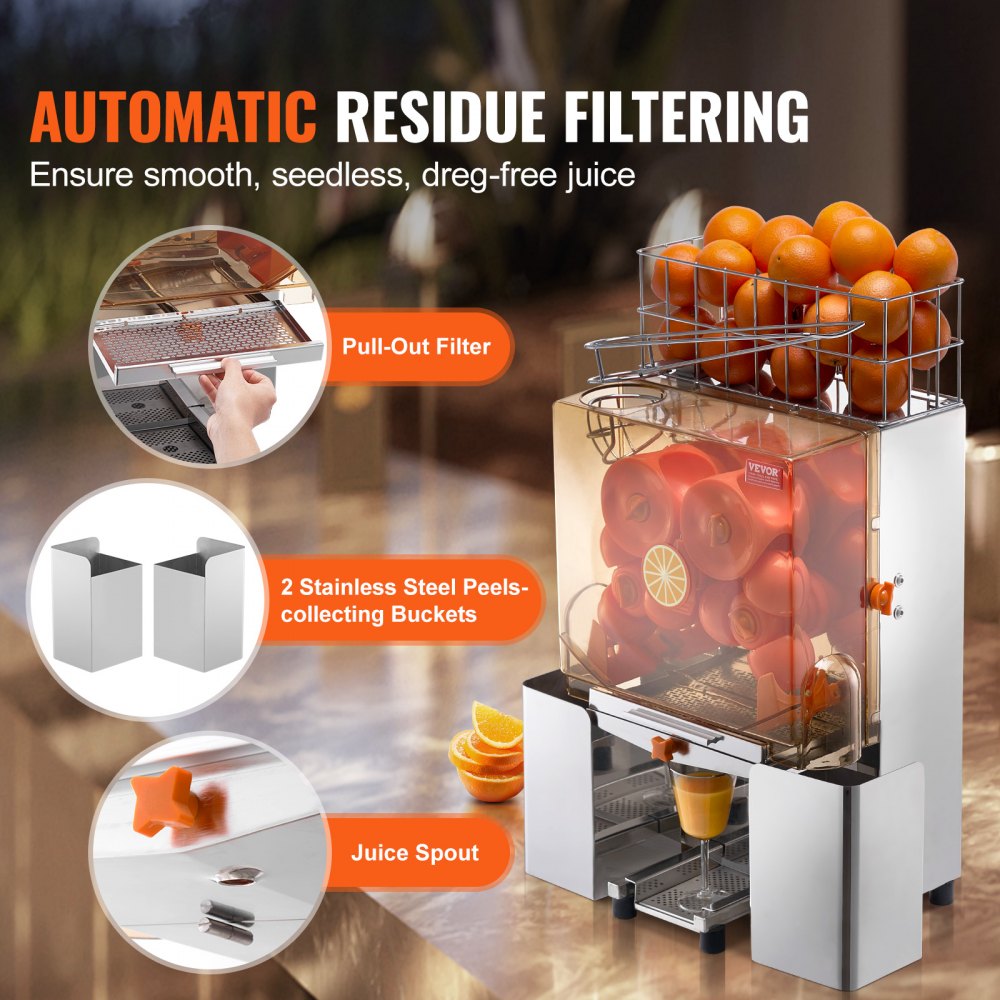VEVOR Spremiagrumi Elettrico Commerciale 120 W, Estrattore di Succo Alimentazione Automatica con Filtro Estraibile e Secchio Raccolta Buccia per Pompelmo Arancia da Ristorante Caffetteria Bar Feste