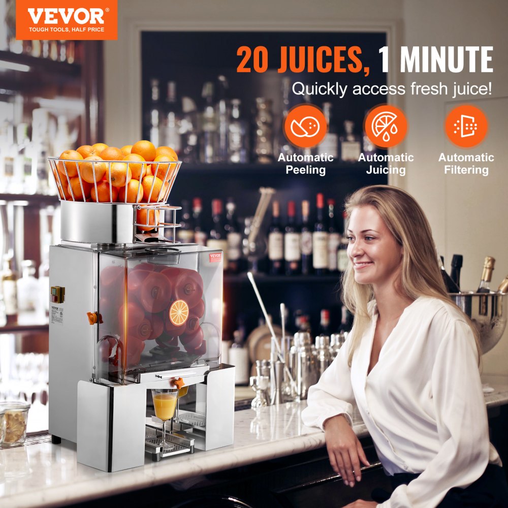 VEVOR Spremiagrumi Elettrico Commerciale 120 W, Estrattore di Succo Alimentazione Automatica con Filtro Estraibile 46x52x90cm in Acciaio Inox per Pompelmo Arancia da Ristorante Caffetteria Bar Feste