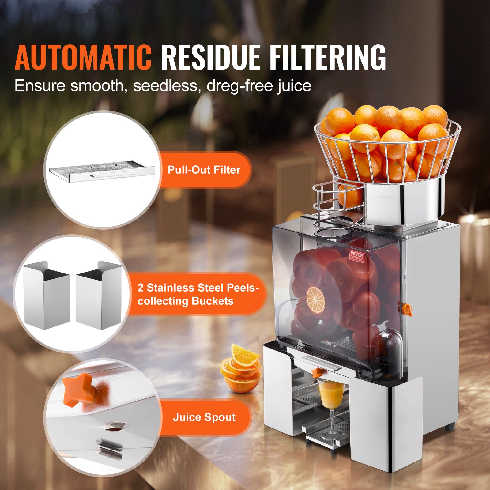 VEVOR Spremiagrumi Elettrico Commerciale 120 W, Estrattore di Succo Alimentazione Automatica con Filtro Estraibile 46x52x90cm in Acciaio Inox per Pompelmo Arancia da Ristorante Caffetteria Bar Feste