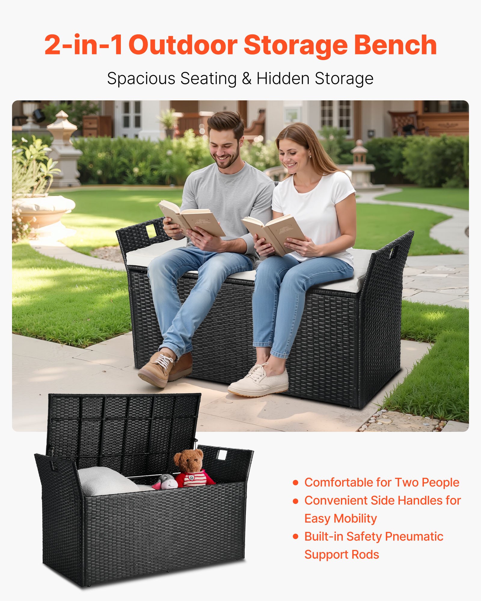 VEVOR Panca Portaoggetti da Esterno, Panca Portaoggetti in Rattan PE per 2 Persone, Contenitore con Cuscino Maniglia Laterale, Supporta max. 362 kg, Seduta da Giardino Decorazione per Balcone