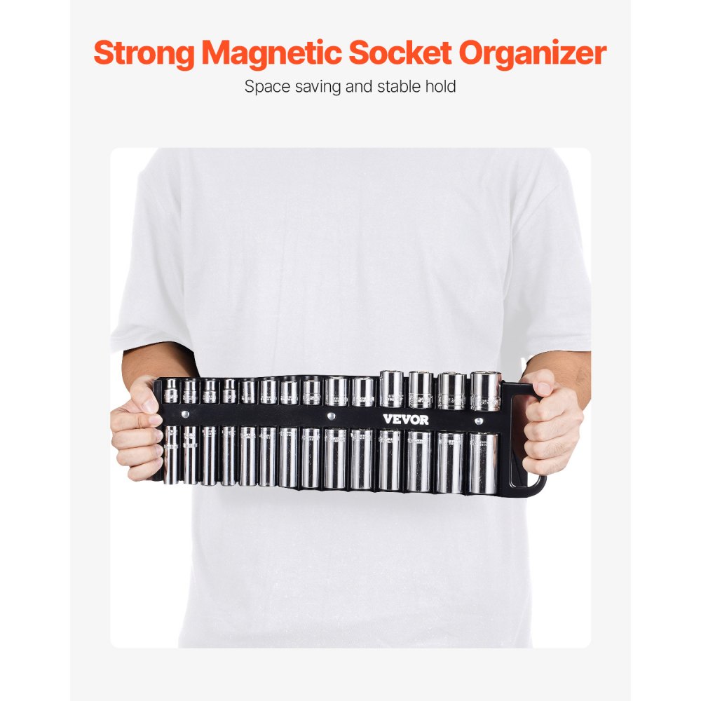 VEVOR Socket Wrench Organizer Set, 3-Piece Metric and SAE Socket Wrench Organizer Set, 1/4 Inch, 3/8 Inch & 1/2 Inch Socket Wrench Holders with Handle and Magnetic Base, for up to 76 Socket Wrenches