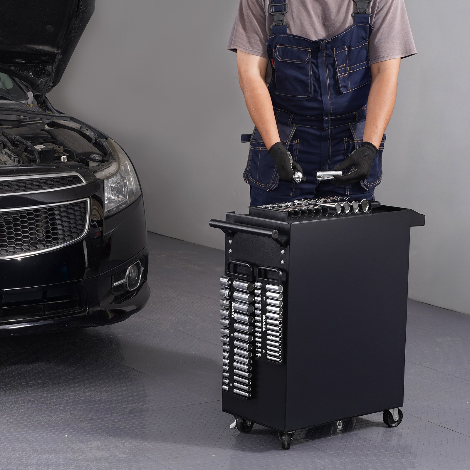 VEVOR Socket Wrench Organizer Set, 3-Piece Metric and SAE Socket Wrench Organizer Set, 1/4 Inch, 3/8 Inch & 1/2 Inch Socket Wrench Holders with Handle and Magnetic Base, for up to 76 Socket Wrenches