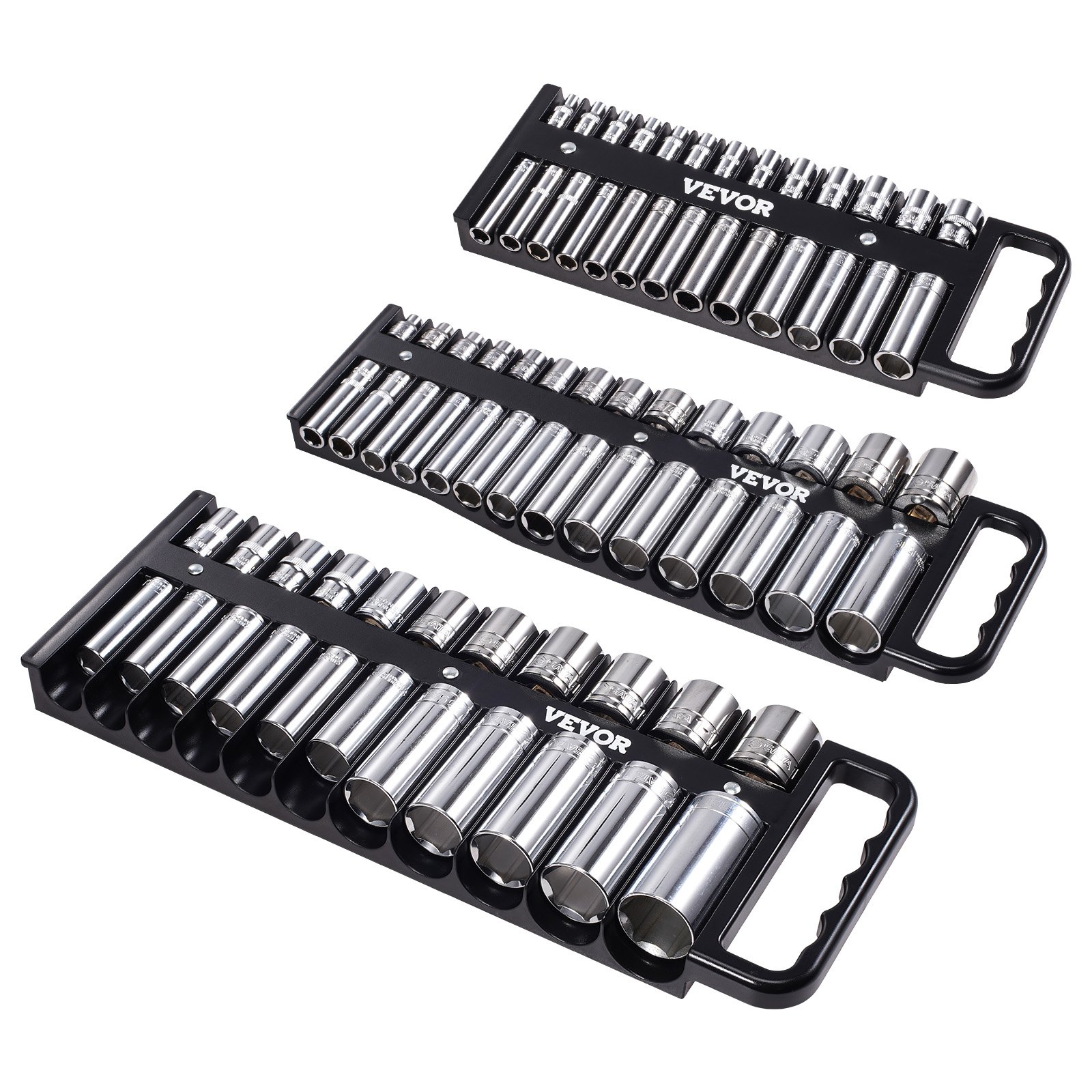 VEVOR Socket Wrench Organizer Set, 3-Piece Metric and SAE Socket Wrench Organizer Set, 1/4 Inch, 3/8 Inch & 1/2 Inch Socket Wrench Holders with Handle and Magnetic Base, for up to 76 Socket Wrenches