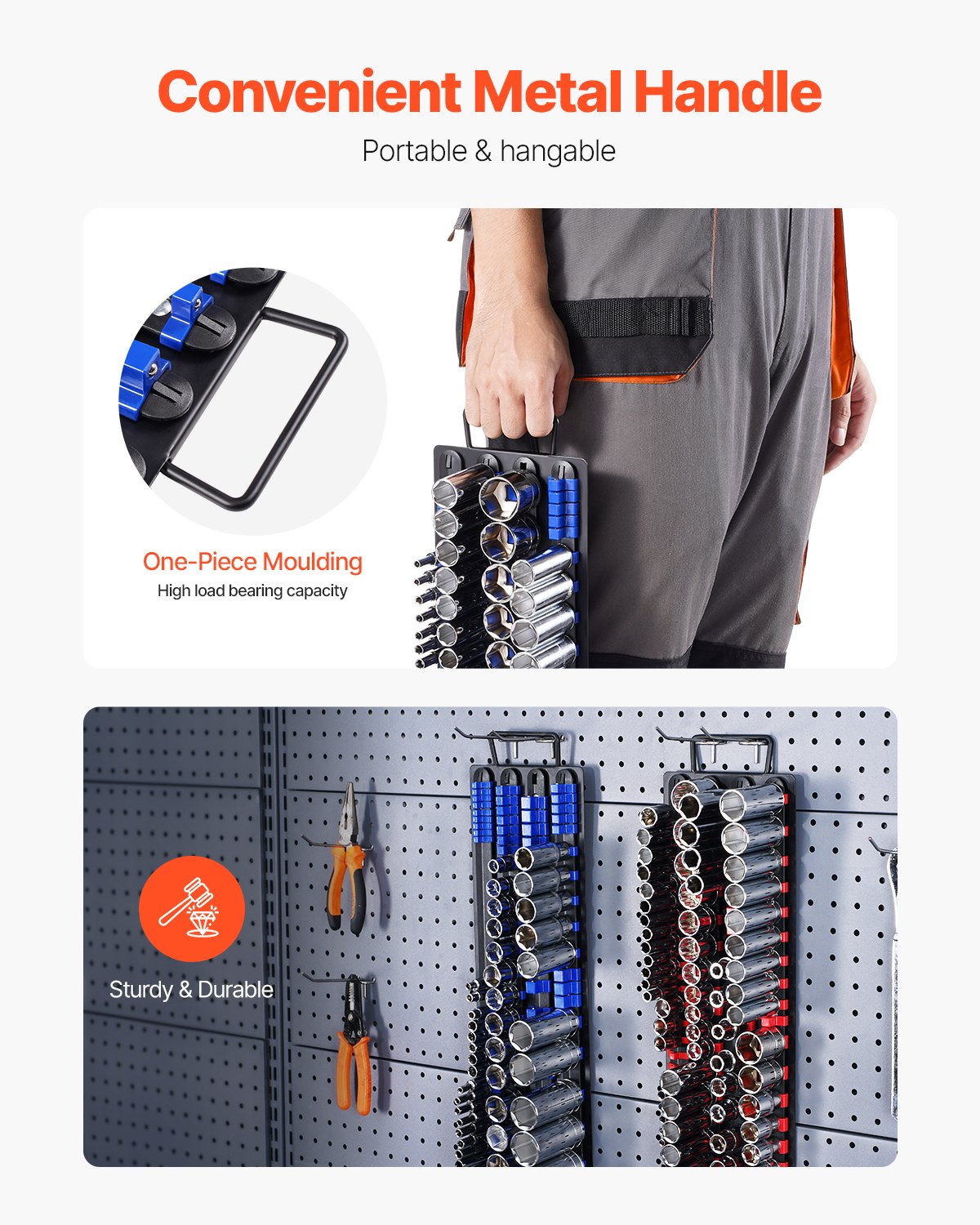 VEVOR Vassoio Porta-Bussole Portatile, 2 Set per Porta-Bussole Metrico SAE 1/4 3/8 1/2 Pollici Maniglia e Base in Acciaio per Cassetto della Cassetta degli Attrezzi, Contiene Fino a 160 Bussole