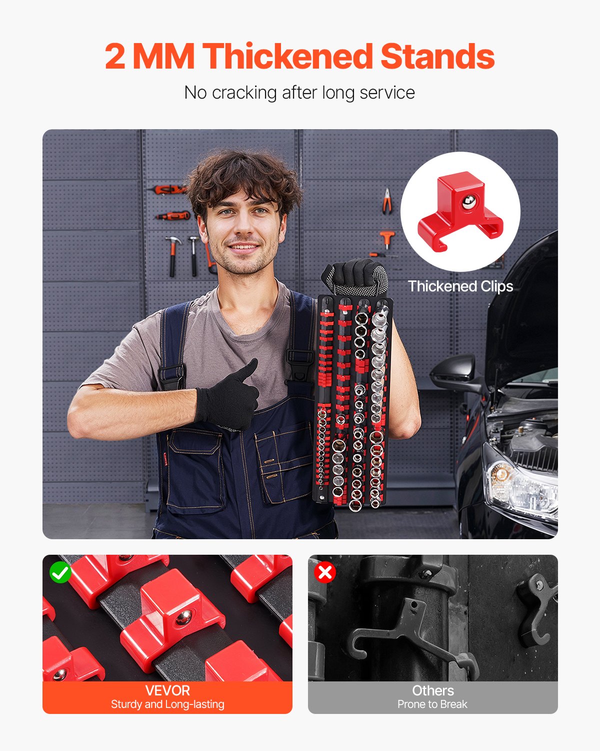 VEVOR Vassoio Porta-Bussole Portatile, 2 Set per Porta-Bussole Metrico SAE 1/4 3/8 1/2 Pollici Maniglia e Base in Acciaio per Cassetto della Cassetta degli Attrezzi, Contiene Fino a 160 Bussole