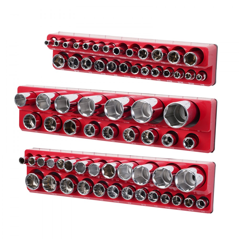 VEVOR Set di Organizzatore per Prese Magnetiche, 3 Supporti Magnetici per Prese, Vassoi per Prese SAE 1/4 3/8 1/2 Pollici Contengono Fino a 68 Prese Standard e Profonde, Rosso (Prese non Incluse)