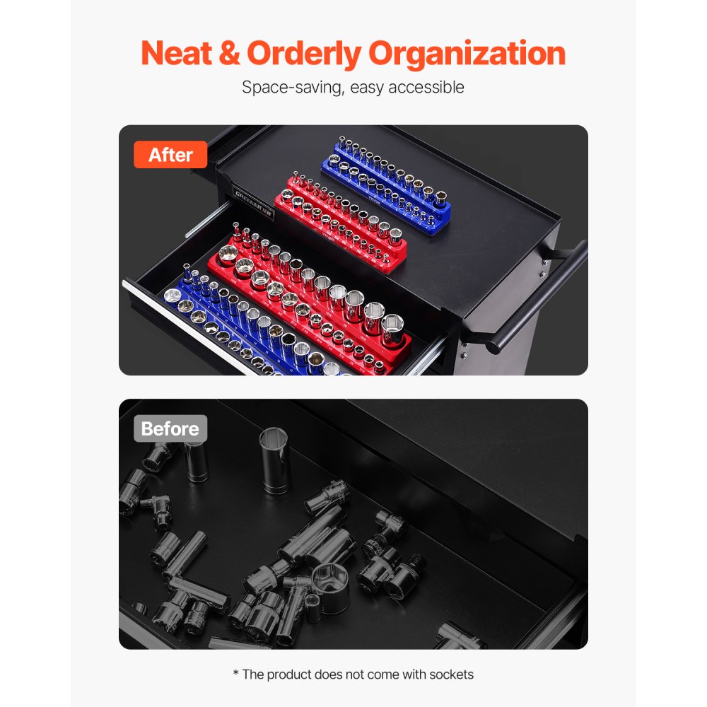 VEVOR Set di Organizzatore per Prese Magnetiche, 4 Porta Prese Magnetici, Vassoi Prese Metriche SAE 1/4 3/8 Pollici Contengono Fino a 108 Prese Standard e Profonde, Blu e Rosso (Prese Non Incluse)