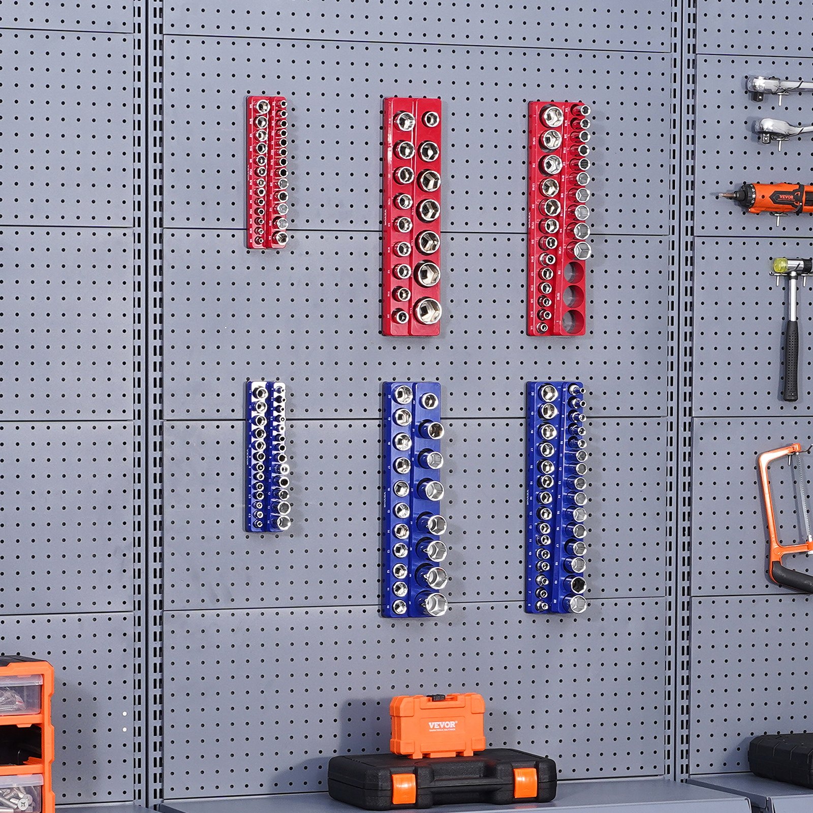 VEVOR Set di Organizzatore per Prese Magnetiche, 6 Porta Prese, Vassoi per Prese SAE Metriche 1/4 3/8 1/2 Pollici Contengono Fino a 143 Prese Standard e Profonde, Blu e Rosso (Prese Non Incluse)