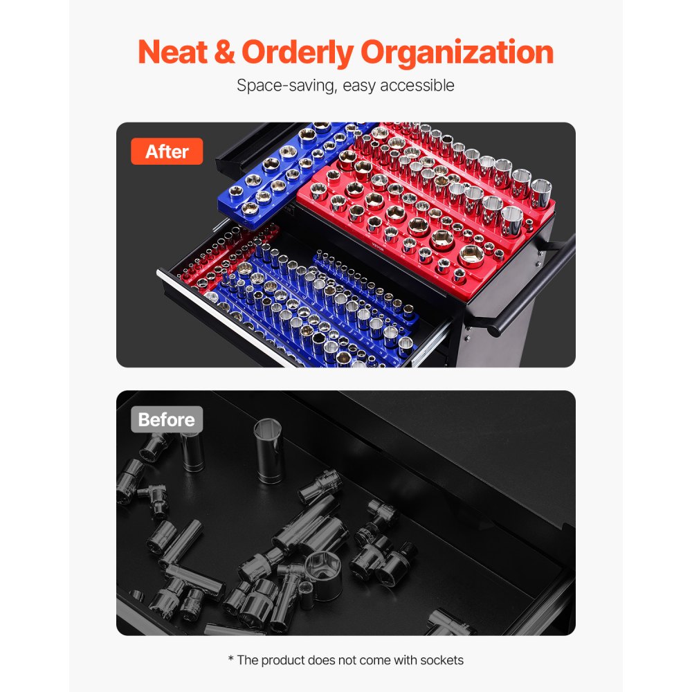 VEVOR Set di Organizzatore per Prese Magnetiche, 8 Porta Prese, Vassoi per Prese SAE Metriche 1/4 3/8 1/2 Pollici Contengono Fino a 199 Prese Standard e Profonde, Blu e Rosso (Prese Non Incluse)