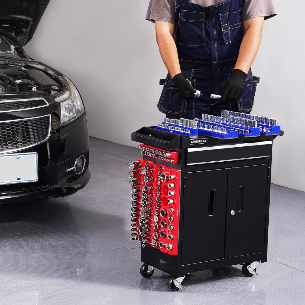 VEVOR Set di Organizzatore per Prese Magnetiche, 8 Porta Prese, Vassoi per Prese SAE Metriche 1/4 3/8 1/2 Pollici Contengono Fino a 199 Prese Standard e Profonde, Blu e Rosso (Prese Non Incluse)