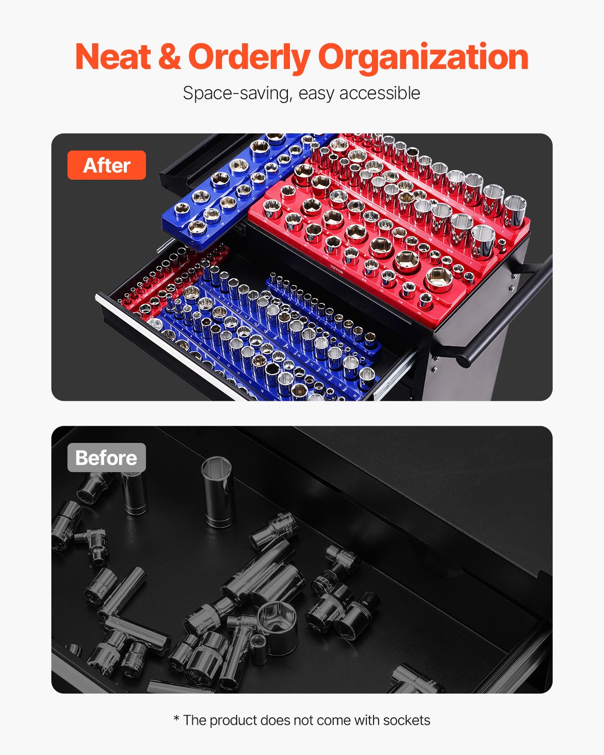 VEVOR Set di Organizzatore per Prese Magnetiche, 8 Porta Prese, Vassoi per Prese SAE Metriche 1/4 3/8 1/2 Pollici Contengono Fino a 199 Prese Standard e Profonde, Blu e Rosso (Prese Non Incluse)