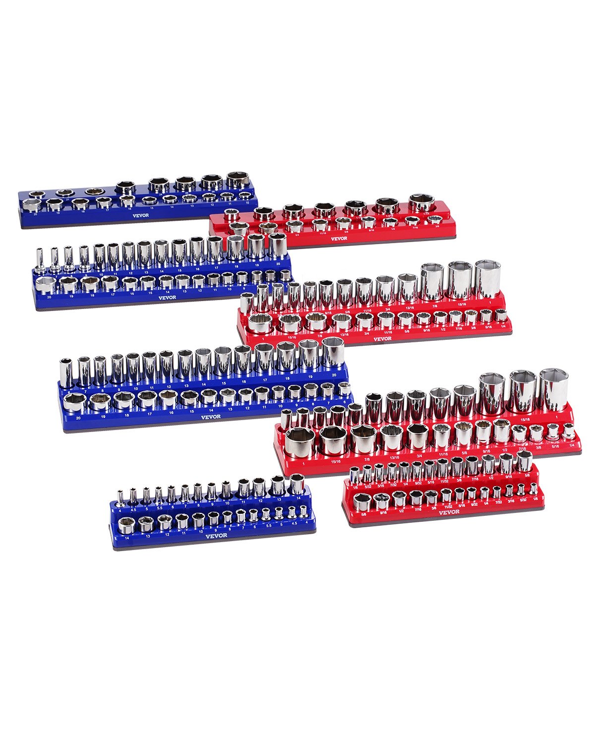 VEVOR Set di Organizzatore per Prese Magnetiche, 8 Porta Prese, Vassoi per Prese SAE Metriche 1/4 3/8 1/2 Pollici Contengono Fino a 199 Prese Standard e Profonde, Blu e Rosso (Prese Non Incluse)
