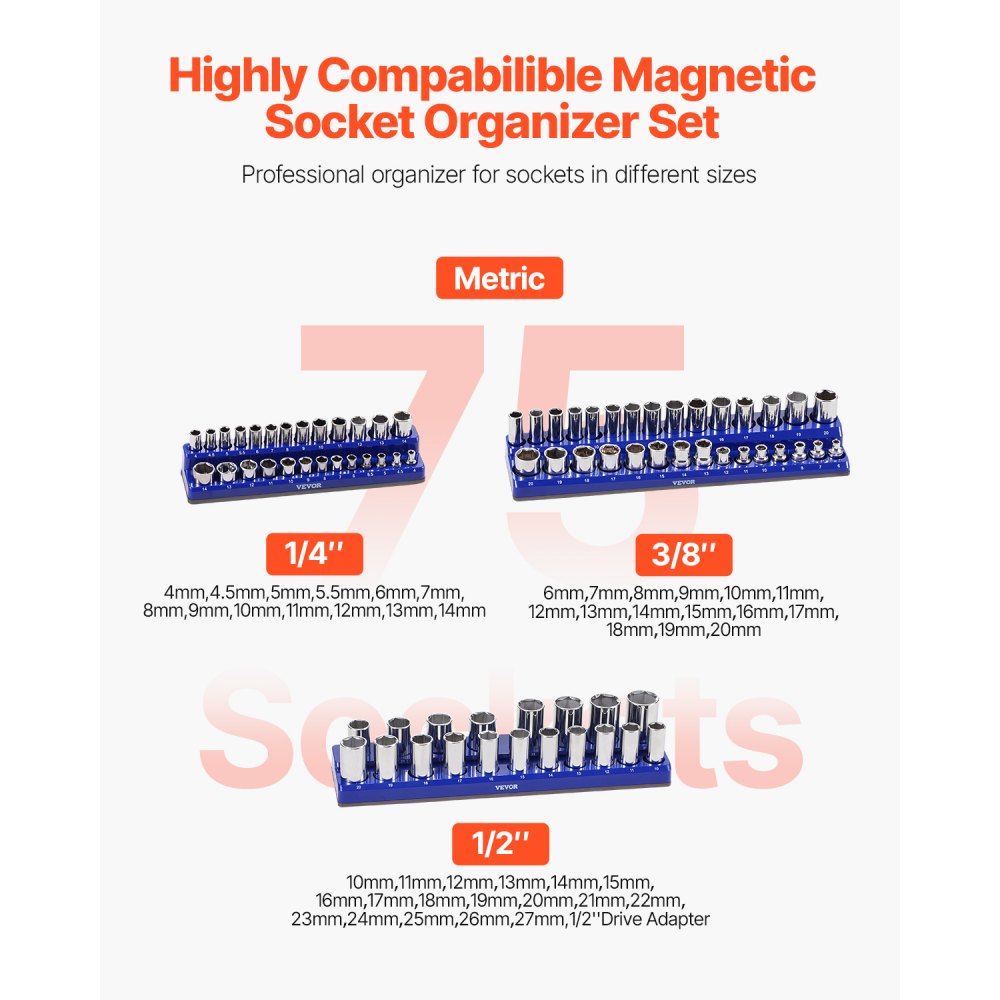 VEVOR Set di Organizzatore per Prese Magnetiche, 3 Supporti Magnetici per Prese, Vassoi per Prese Metriche 1/4 3/8 1/2 Pollici Contengono Fino 75 Prese Standard e Profonde, Blu, Prese Non Incluse